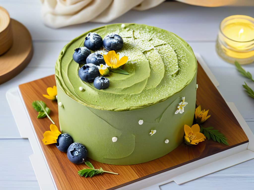  A photorealistic image of a beautifully decorated vegan matcha cake, topped with edible flowers and fresh berries, set on a rustic wooden table with elegant tableware and a linen napkin, surrounded by scattered matcha powder and coconut flakes. The cake is intricately designed with swirls of matchainfused frosting and delicate flower petals, showcasing a perfect balance of simplicity and sophistication in ecofriendly baking. The soft natural lighting highlights the textures and colors, evoking a sense of serenity and culinary artistry. hyperrealistic, full body, detailed clothing, highly detailed, cinematic lighting, stunningly beautiful, intricate, sharp focus, f/1. 8, 85mm, (centered image composition), (professionally color graded), ((bright soft diffused light)), volumetric fog, trending on instagram, trending on tumblr, HDR 4K, 8K