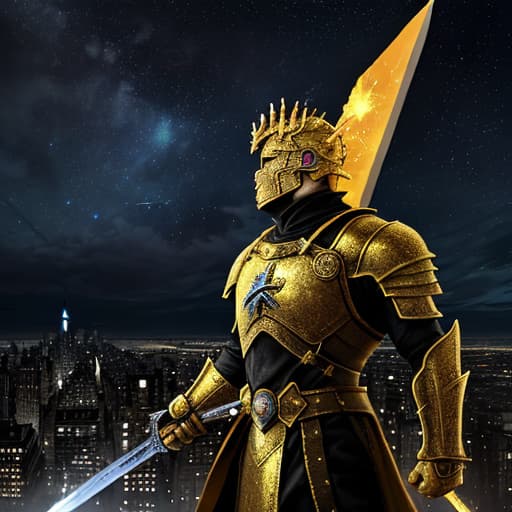  Against the backdrop of the doomsday ruins of New York's Times Square, a scarred human in golden armor stands on a hill of monster corpses, holding a big sword and looking up at the stars.