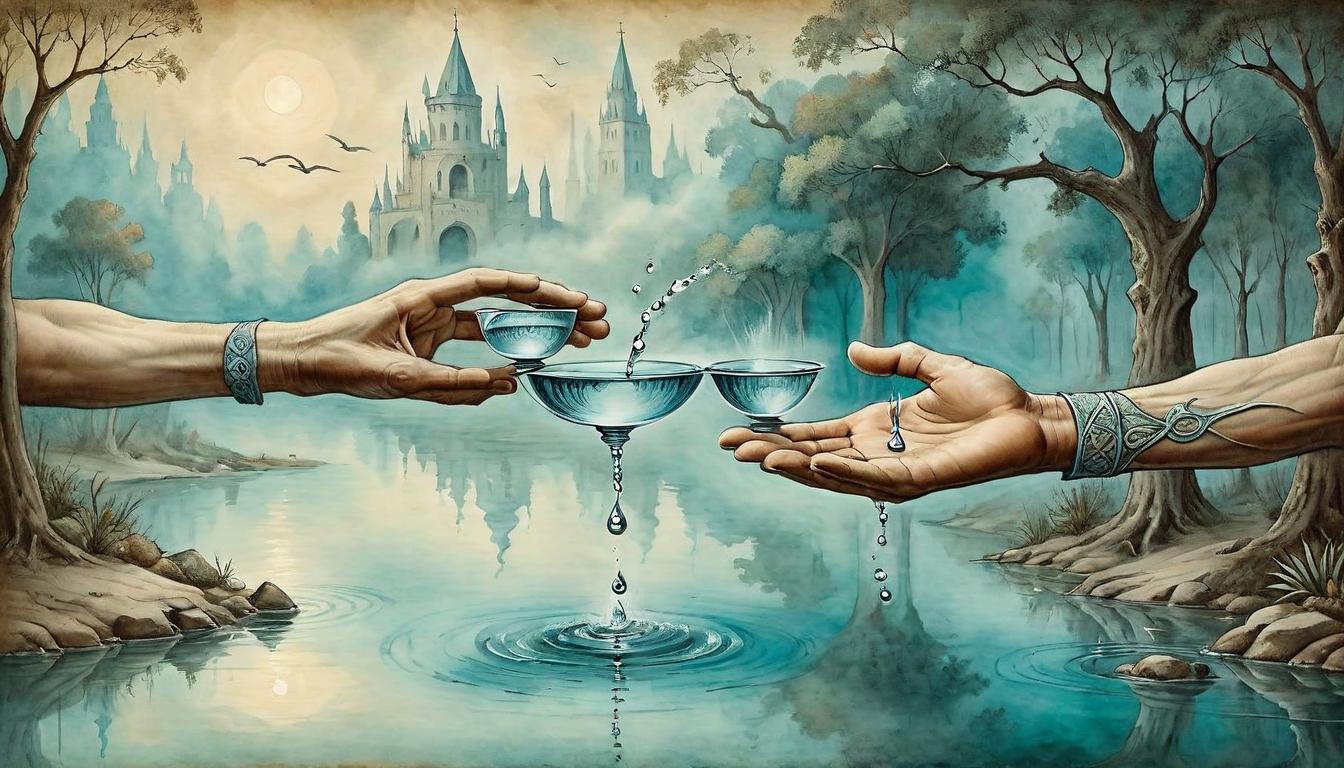  on parchment, surrealism+++, Gentle hands cupping water, reflection shows a bridge uniting two divides, symbolizing reconciliation, serene water echoing unity, fluid moment of connection, tranquil, harmonious(mysterious, provocative, symbolic,muted color)+++