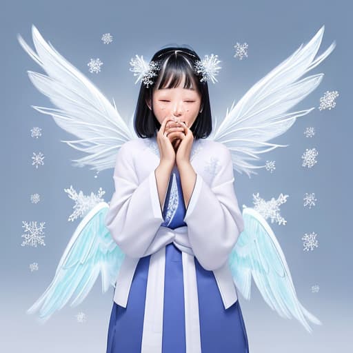  Korean woman crying with mystical snowflake wings and antennas