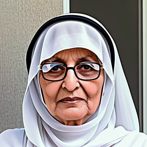  Generate an image of an Arabian grandmother from Jeddah, Saudi Arabia, wearing a white or off-white Hijab and glasses. The photo should capture her from the front, highlighting her traditional attire and reflecting the cultural essence of the Hijaz region.