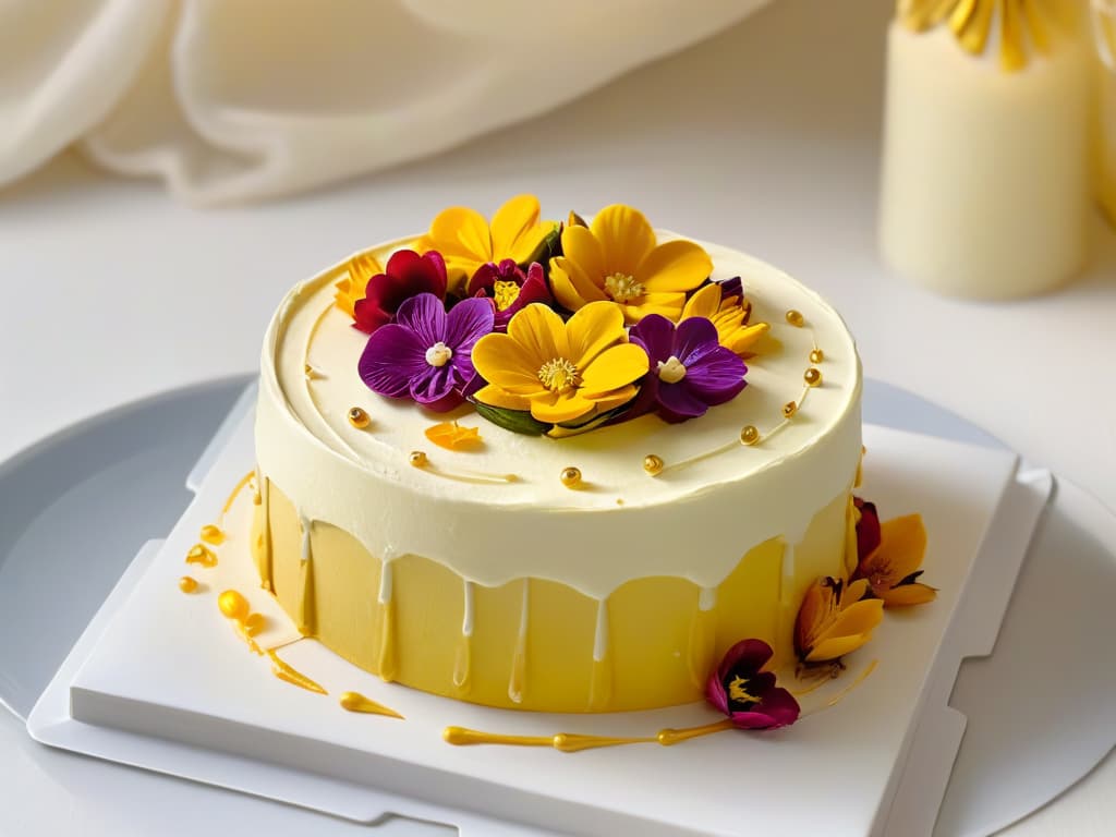  A closeup, photorealistic image of a beautifully decorated fusion pastry showcasing a harmonious blend of traditional and modern techniques. The pastry is intricately layered with delicate frosting swirls, edible flowers, and gold leaf accents, set against a softfocus background that highlights its exquisite details. The vibrant colors and textures of the dessert pop off the screen, inviting beginners to explore the world of fusion baking with creativity and confidence. hyperrealistic, full body, detailed clothing, highly detailed, cinematic lighting, stunningly beautiful, intricate, sharp focus, f/1. 8, 85mm, (centered image composition), (professionally color graded), ((bright soft diffused light)), volumetric fog, trending on instagram, trending on tumblr, HDR 4K, 8K