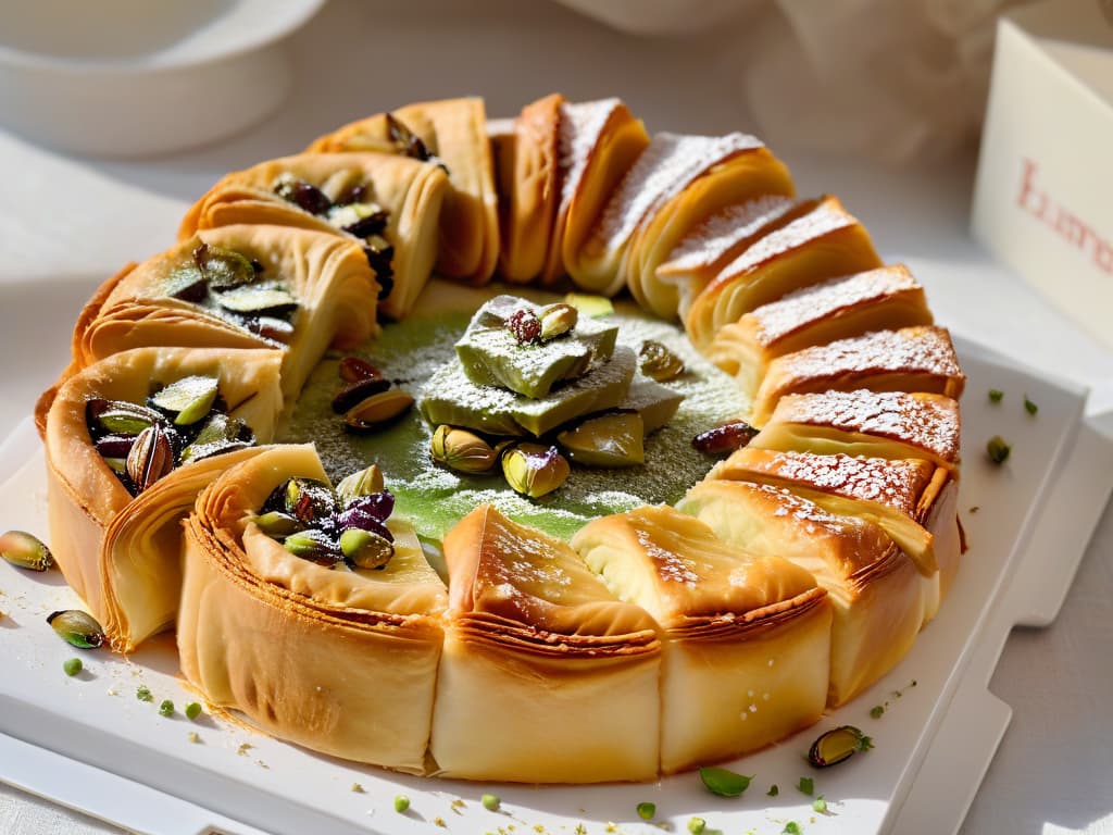  A highresolution image of a beautifully arranged assortment of traditional Turkish baklavas on a delicate ceramic plate, showcasing their flaky layers of phyllo dough and rich pistachio filling. The baklavas are garnished with a sprinkle of finely crushed pistachios and a drizzle of golden honey, with a backdrop of intricate Ottomaninspired patterns in soft pastel colors, creating a visually stunning and appetizing display that captures the essence of Turkish pastry artistry. hyperrealistic, full body, detailed clothing, highly detailed, cinematic lighting, stunningly beautiful, intricate, sharp focus, f/1. 8, 85mm, (centered image composition), (professionally color graded), ((bright soft diffused light)), volumetric fog, trending on instagram, trending on tumblr, HDR 4K, 8K