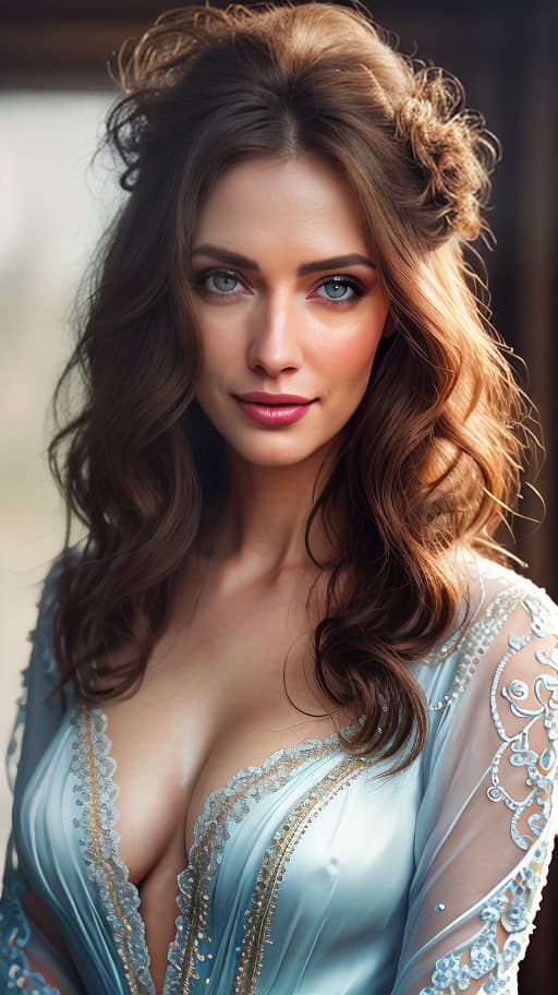  Portrait of a with well groomed, , fancy, long curly hair, silver blue eyes, natural makeup, soft, scattered light, against a natural background., Photorealistic, Hyperrealistic, Hyperdetailed, analog style, demure, detailed skin, pores, smirk, smiling eyes, matte skin, soft lighting, subsurface scattering, realistic, heavy shadow, masterpiece, best quality, ultra realistic, 8k, golden ratio, Intricate, High Detail, film photography, soft focus hyperrealistic, full body, detailed clothing, highly detailed, cinematic lighting, stunningly beautiful, intricate, sharp focus, f/1. 8, 85mm, (centered image composition), (professionally color graded), ((bright soft diffused light)), volumetric fog, trending on instagram, trending on tumblr, HDR 4K, 8K