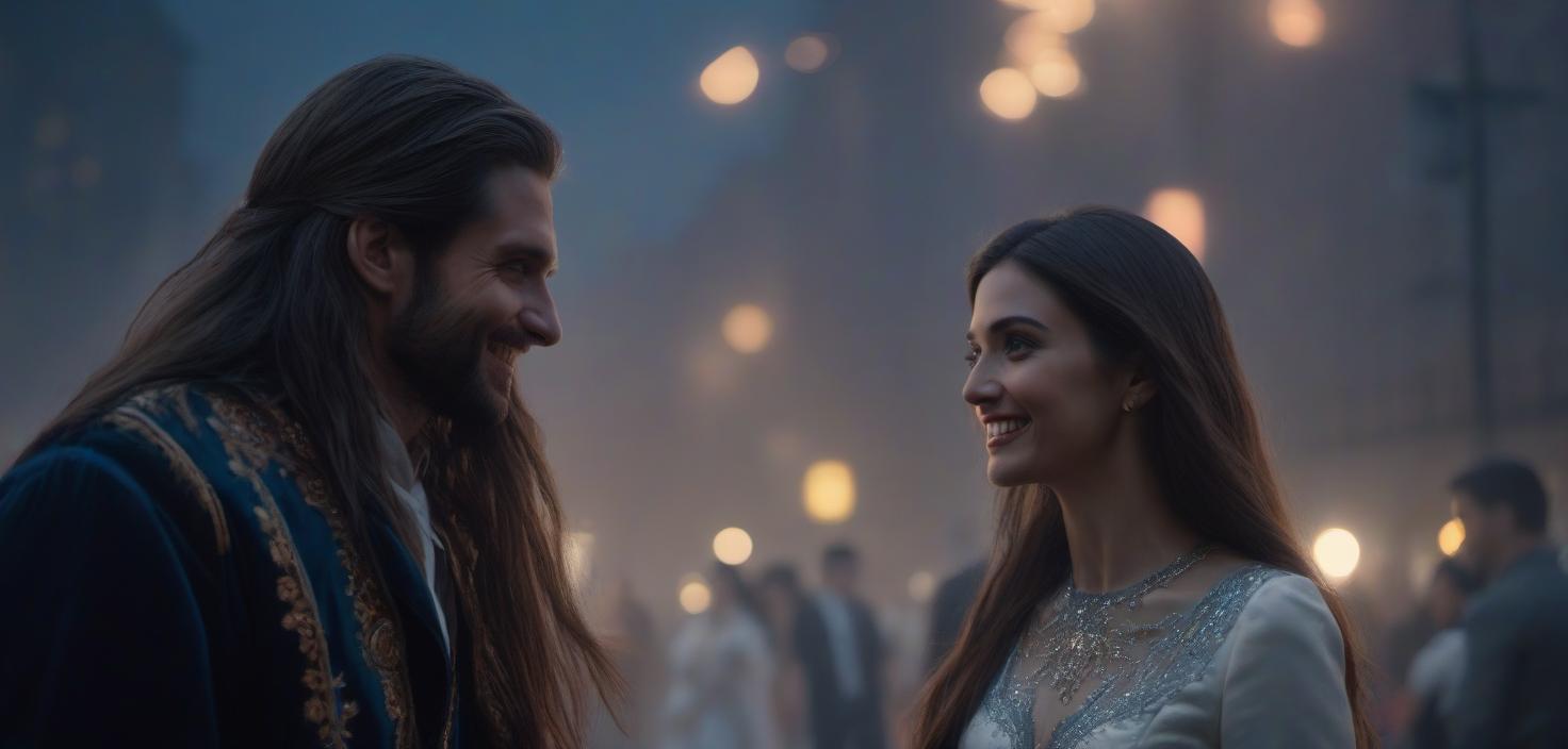  A long haired girl looks at a man and smiles, night of stars. hyperrealistic, full body, detailed clothing, highly detailed, cinematic lighting, stunningly beautiful, intricate, sharp focus, f/1. 8, 85mm, (centered image composition), (professionally color graded), ((bright soft diffused light)), volumetric fog, trending on instagram, trending on tumblr, HDR 4K, 8K