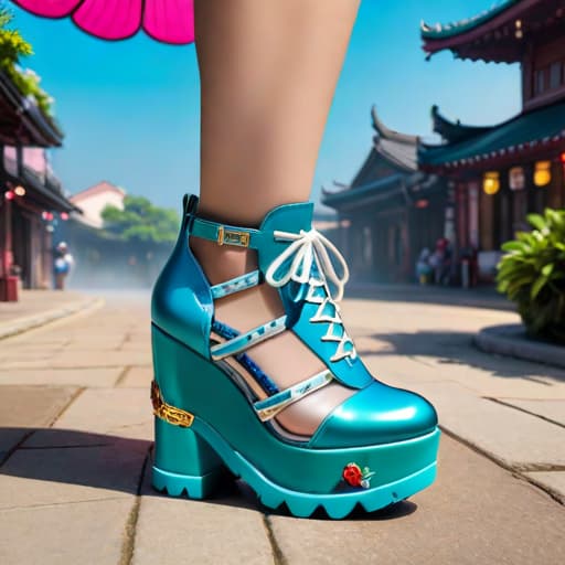  Subject detail: the image depicts a Highly detailed summer shoe with chunky soles, The shoe is covered in soft, luxurious materials. Art style: in the mixed art style of Buffalo London, Irregular Choice, and Osamu Tezuka. Medium: This artwork is highly detailed and photorealistic. hyperrealistic, full body, detailed clothing, highly detailed, cinematic lighting, stunningly beautiful, intricate, sharp focus, f/1. 8, 85mm, (centered image composition), (professionally color graded), ((bright soft diffused light)), volumetric fog, trending on instagram, trending on tumblr, HDR 4K, 8K