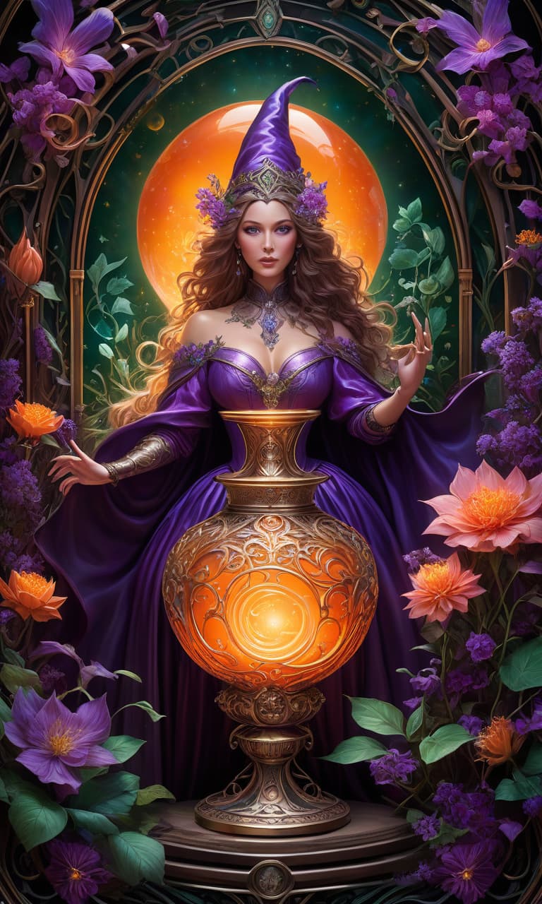  Ethereal fantasy concept art of a witch's potion in art nouveau style. Potion is in an unusually shaped vessel:: glass, patterning, hammered silver elements:: steampunk, stained glass. Background: flowering garden, potions workshop, flasks, retorts. Gorgeous, celestial, ethereal, painterly (harmony of complementary triad of colours:: violet glow, magenta glow, green glow, orange glow), epic, majestic, magical, fantasy cover art. Detailed and intricate art nouveau, hyper realistic, super detailed, with bright colours, ornate, dynamic. Stylistics: fairy tale, dream, complex neo rococo decoration, fantasy abstraction, surrealism, mysticism. In the manner of Andrew Jones, Alfonso Mucha, Fragonard, James Christensen. High quality. hyperrealistic, full body, detailed clothing, highly detailed, cinematic lighting, stunningly beautiful, intricate, sharp focus, f/1. 8, 85mm, (centered image composition), (professionally color graded), ((bright soft diffused light)), volumetric fog, trending on instagram, trending on tumblr, HDR 4K, 8K