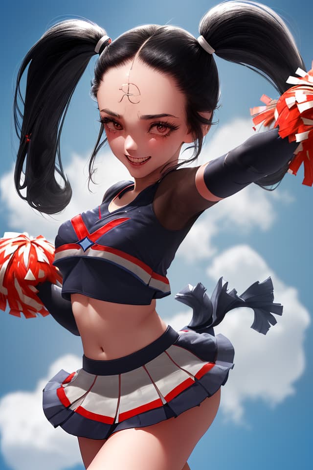  ((Cheerleader,beautiful girl)){black hair,(Forehead:1.4),twin tail hair,dazzling smile,bonbons in both hands,arms outstretched,jumping sky high,dancing}((super details))8k,high resolution,absurd,employed,delicately composed,detailed,exquisitely detailed,bold composition,cinematic angles,dynamic angles,top quality,masterpiece,