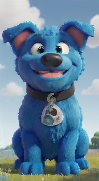  {A happy, big blue dog wagging its tail in a colorful meadow, The big blue dog is large with sky blue fur, big round eyes, a black nose, and floppy ears.