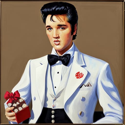  Elvis Presley wearing a white tuxedo with bow tie holding an open box of fine chocolates. Painted in the style of Édouard Manet