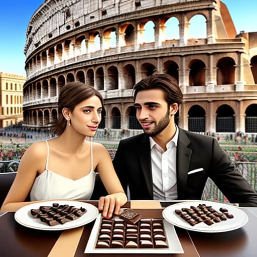  Attractive Beautiful young modern Italian couple dressed in modern designer attire looking. Foreground plates of fine dark chocolates on a table. Background Roman Colosseum. Painting style of Edgar Degas