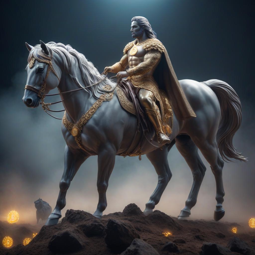  Bitcoin Centaur hyperrealistic, full body, detailed clothing, highly detailed, cinematic lighting, stunningly beautiful, intricate, sharp focus, f/1. 8, 85mm, (centered image composition), (professionally color graded), ((bright soft diffused light)), volumetric fog, trending on instagram, trending on tumblr, HDR 4K, 8K