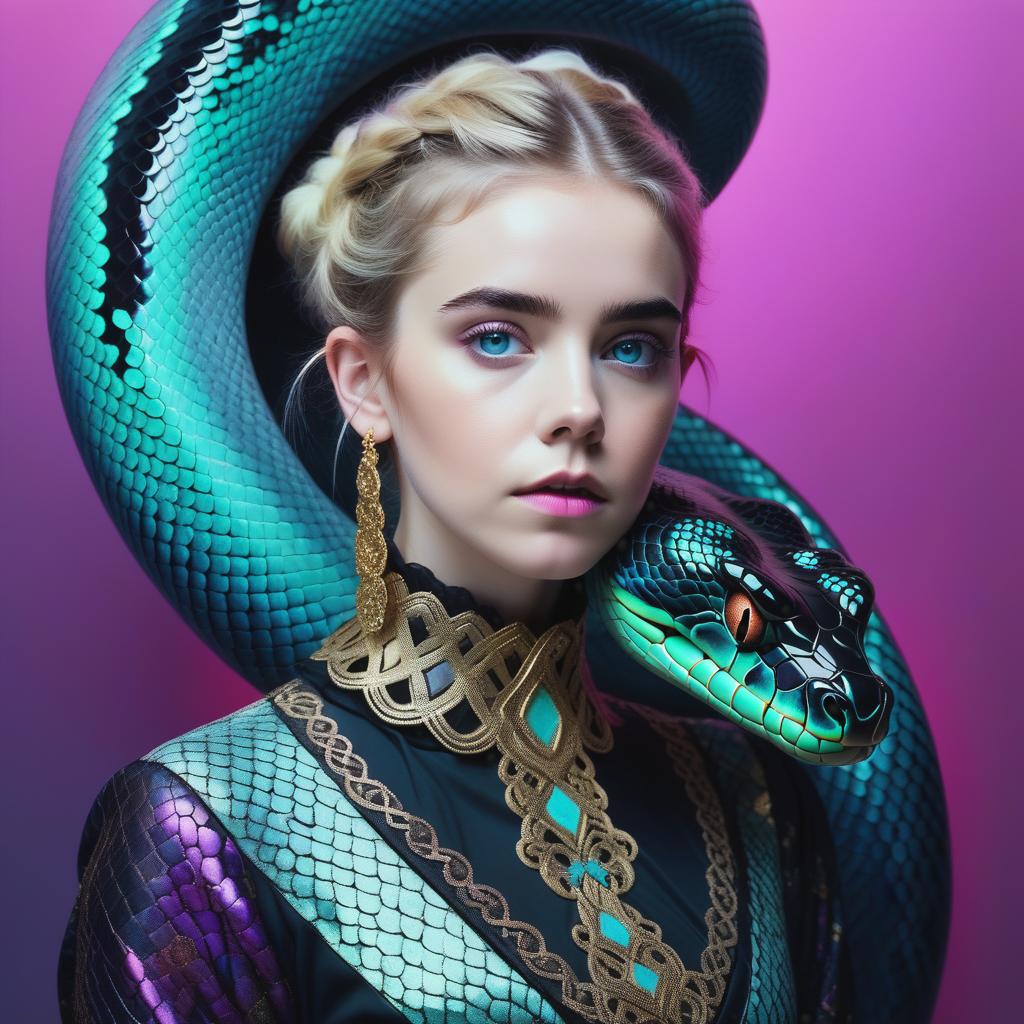  actual 8K portrait photo of gareth person, photo RAW, (Black, petrol, lilac and neon turquoise pink : Portrait of ghostly big black snake, woman, collar, (shiny aura, highly detailed, gold filigree, intricate motifs, organic tracery:1.5), Kiernan Shipka, Januz Miralles, Hikari Shimoda, glowing stardust by W. Zelmer, perfect composition, smooth, sharp focus, sparkling particles, lively coral reef background Realistic, realism, hd, 35mm photograph, 8k), masterpiece, award winning photography, natural light, perfect composition, high detail, hyper realisticsymmetrical, soft lighting, detailed face, by makoto shinkai, stanley artgerm lau, wlop, rossdraws, concept art, digital painting, looking into camera hyperrealistic, full body, detailed clothing, highly detailed, cinematic lighting, stunningly beautiful, intricate, sharp focus, f/1. 8, 85mm, (centered image composition), (professionally color graded), ((bright soft diffused light)), volumetric fog, trending on instagram, trending on tumblr, HDR 4K, 8K