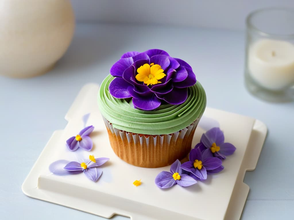  An intricately designed glutenfree cupcake featuring vibrant edible flowers delicately placed on smooth, pastelcolored frosting. The cupcake sits on a sleek, modern white plate, set against a soft, blurred background to emphasize the elegant simplicity of the dessert. hyperrealistic, full body, detailed clothing, highly detailed, cinematic lighting, stunningly beautiful, intricate, sharp focus, f/1. 8, 85mm, (centered image composition), (professionally color graded), ((bright soft diffused light)), volumetric fog, trending on instagram, trending on tumblr, HDR 4K, 8K