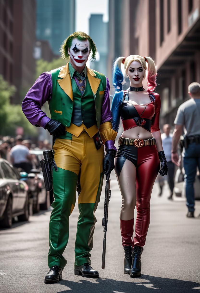  cinematic photo Joker and Harley Quinn, armed, " Squad (2016 film)" style, negative film . 35mm photograph, film, bokeh, professional, 4k, highly detailed hyperrealistic, full body, detailed clothing, highly detailed, cinematic lighting, stunningly beautiful, intricate, sharp focus, f/1. 8, 85mm, (centered image composition), (professionally color graded), ((bright soft diffused light)), volumetric fog, trending on instagram, trending on tumblr, HDR 4K, 8K