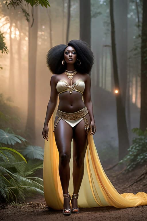  best quality, masterpiece, highres, photorealistic, high quality, volumetric lighting, candid, Photograph, high resolution, nightime, a senegalese women with skin details, fiery african black afro hair, light Aureolin eyes, fantasy, harmonious, determined, foggy old forest, dress like a super heros, beautiful with eyes liner m hyperrealistic, full body, detailed clothing, highly detailed, cinematic lighting, stunningly beautiful, intricate, sharp focus, f/1. 8, 85mm, (centered image composition), (professionally color graded), ((bright soft diffused light)), volumetric fog, trending on instagram, trending on tumblr, HDR 4K, 8K