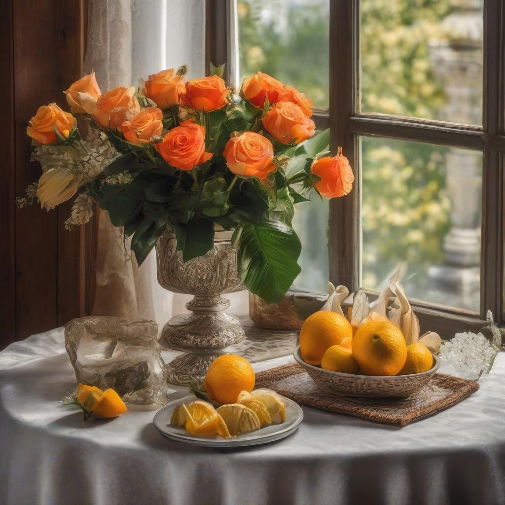  (Banana, orange and pineapple stand next to a beautiful vase) on an antique table, ((a vase with red roses stands next to it)) behind the window, still life, Dutch painting 17th century, high brushwork detail. hyperrealistic, full body, detailed clothing, highly detailed, cinematic lighting, stunningly beautiful, intricate, sharp focus, f/1. 8, 85mm, (centered image composition), (professionally color graded), ((bright soft diffused light)), volumetric fog, trending on instagram, trending on tumblr, HDR 4K, 8K