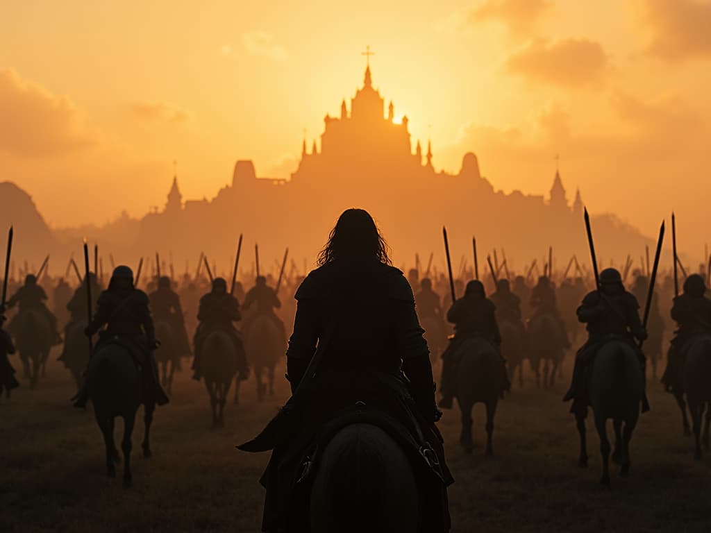  capture the essence of aragorn, portrayed by viggo mortensen, heroically leading the charge at pelennor fields in a highly detailed, unedited 8k photograph. this image features a ghostly army of the dead swarming behind him and the distant gleam of minas tirith, all under a dramatically lit sunset. the scene is depicted in a polished, cinematic poster style reminiscent of film stills, with meticulous attention to the hyperrealistic details of armor and weapons, evoking an epic fantasy aesthetic inspired by alan lee’s illustrations. the composition is enhanced by bright, soft diffused light and a professional color grading that adds a movie like feel to this masterpiece.