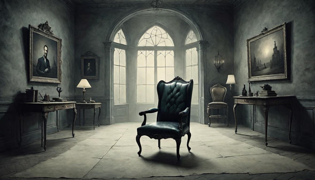  on parchment, surrealism+++, A dimly lit room, one chair empty amongst others, an aura of exclusion, targeted isolation(mysterious, provocative, symbolic,muted color)+++