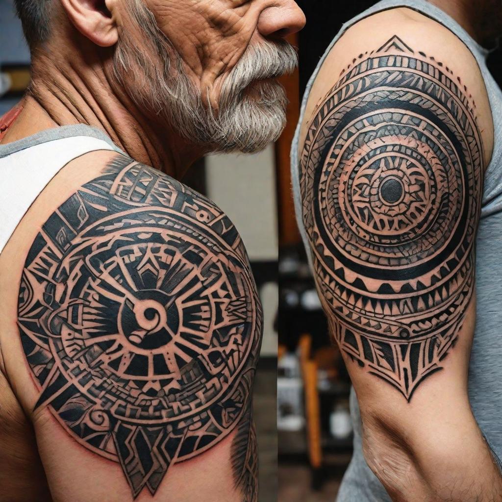  masterpiece, best quality, tribal tattoo for dad and son