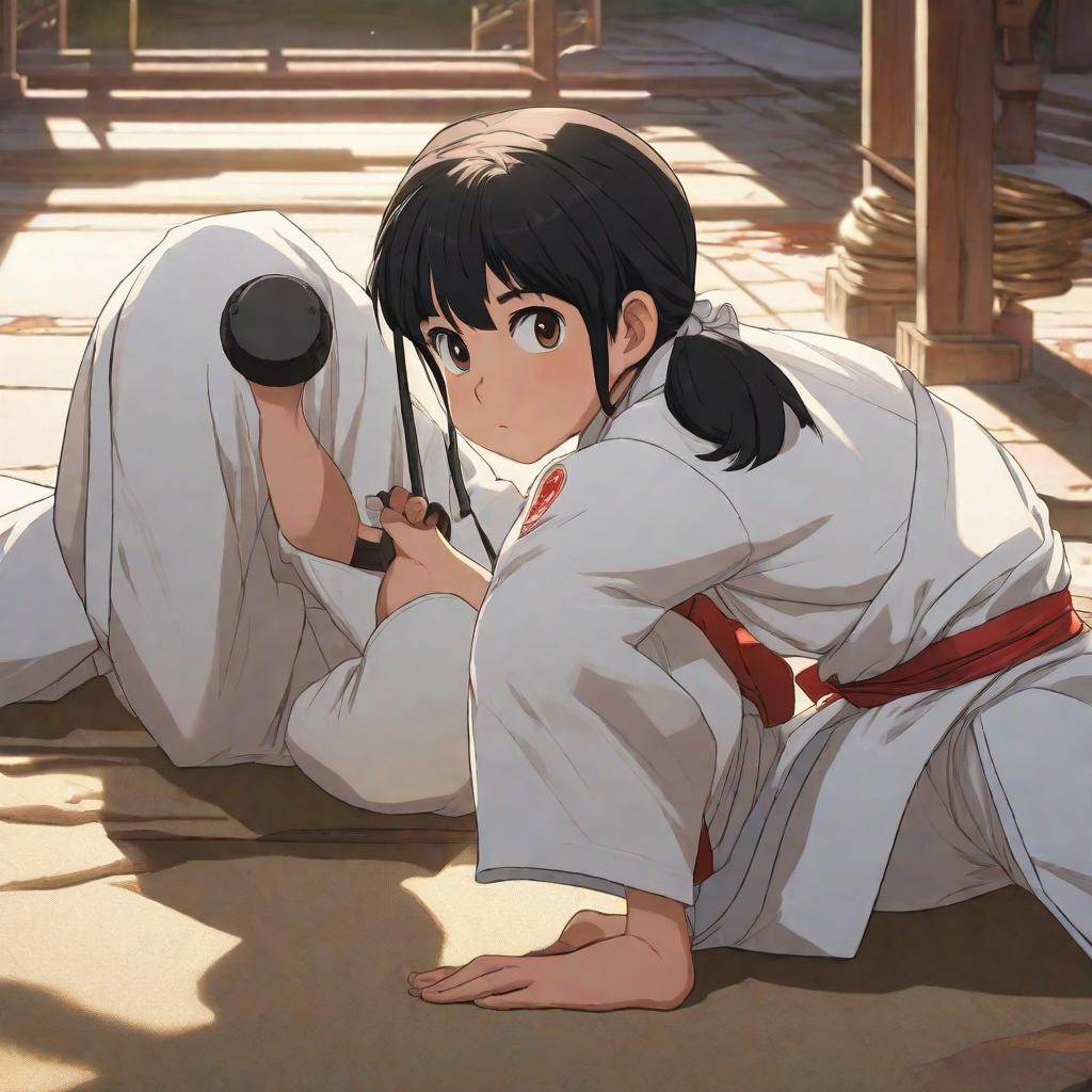  A black haired child wearing a white karate uniform was lying on the ground., anime concept art by Hayao Miyazaki, featured on pixiv, fantasy art, concept art, official art, high detailed hyperrealistic, full body, detailed clothing, highly detailed, cinematic lighting, stunningly beautiful, intricate, sharp focus, f/1. 8, 85mm, (centered image composition), (professionally color graded), ((bright soft diffused light)), volumetric fog, trending on instagram, trending on tumblr, HDR 4K, 8K