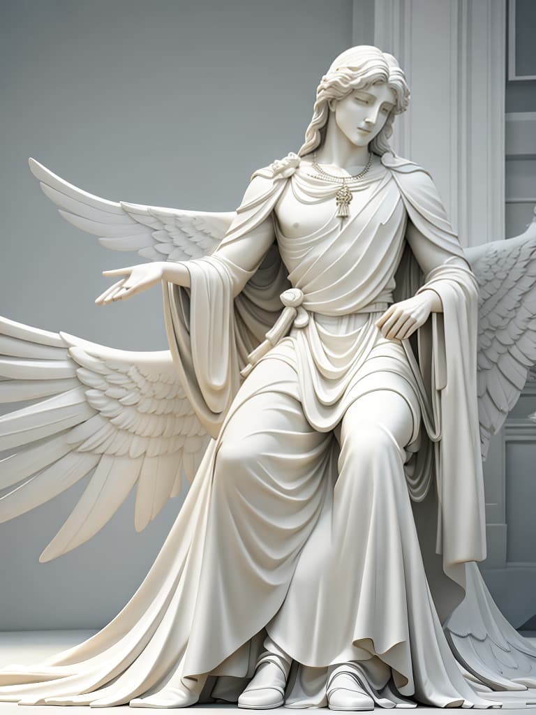  A winged Man statue made of white marble hyperrealistic, full body, detailed clothing, highly detailed, cinematic lighting, stunningly beautiful, intricate, sharp focus, f/1. 8, 85mm, (centered image composition), (professionally color graded), ((bright soft diffused light)), volumetric fog, trending on instagram, trending on tumblr, HDR 4K, 8K