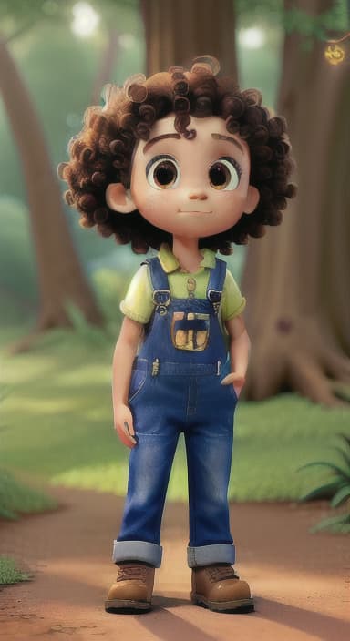  {The tree with a twinkling eye, while its leaves gently rustle., Riley, a curious with big brown eyes and curly hair, wearing overalls and carrying a small backpack. Their friend, Skye, a bluebird with shiny feathers.