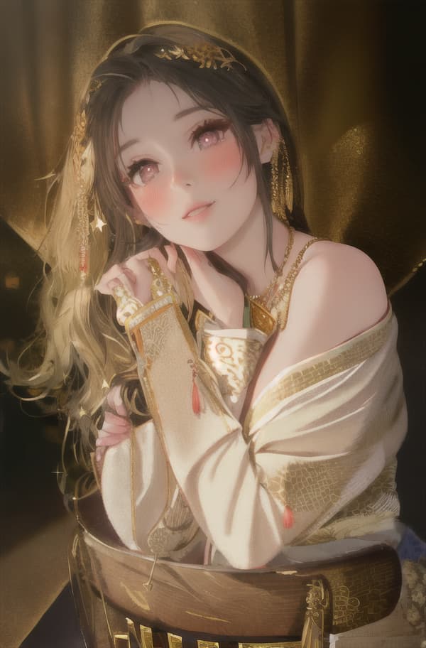  best quality, masterpiece, highres, 1girl,blush,(seductive smile:0.8),star shaped pupils,china hanfu,hair ornament,necklace, jewelry,Beautiful face,upon body, tyndall effect,photorealistic, dark studio, rim lighting, two tone lighting,(high detailed skin:1.2), 8k uhd, dslr, soft lighting, high quality, volumetric lighting, candid, Photograph, high resolution, 4k, 8k, Bokeh 