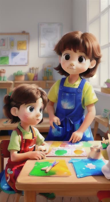  {Children gathered around a table full of paints, brushes, and paper., Kids wearing aprons, concentrating on their painting with bright colors on paper.