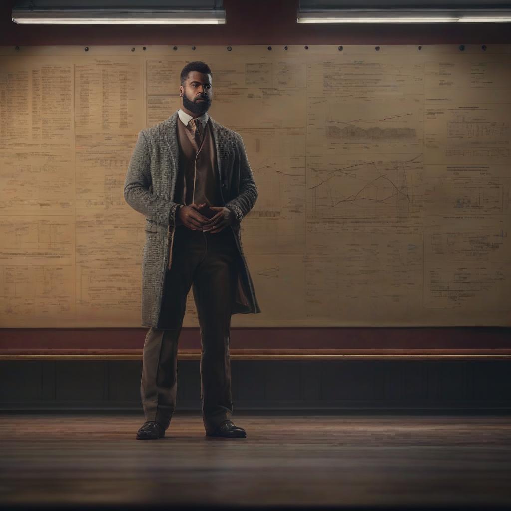  A man student stands near a board. hyperrealistic, full body, detailed clothing, highly detailed, cinematic lighting, stunningly beautiful, intricate, sharp focus, f/1. 8, 85mm, (centered image composition), (professionally color graded), ((bright soft diffused light)), volumetric fog, trending on instagram, trending on tumblr, HDR 4K, 8K