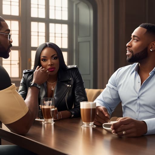  (black people sitting at table having coffee), photorealistic, highly detailed, 4k, high quality hyperrealistic, full body, detailed clothing, highly detailed, cinematic lighting, stunningly beautiful, intricate, sharp focus, f/1. 8, 85mm, (centered image composition), (professionally color graded), ((bright soft diffused light)), volumetric fog, trending on instagram, trending on tumblr, HDR 4K, 8K