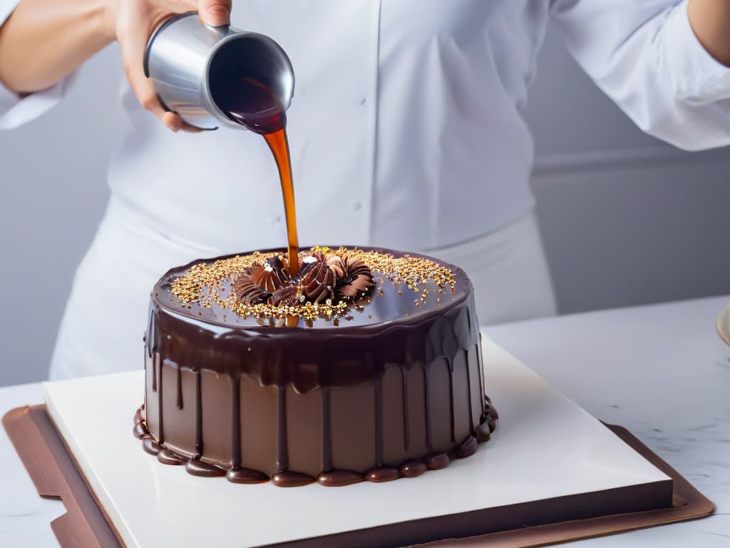  A closeup, ultradetailed image of a glossy chocolate ganache being poured over a perfectly smooth and shiny mirror glaze on a decadent layered cake. The rich, dark chocolate contrasts beautifully with the reflective surface, showcasing a flawless and professional dessert creation. hyperrealistic, full body, detailed clothing, highly detailed, cinematic lighting, stunningly beautiful, intricate, sharp focus, f/1. 8, 85mm, (centered image composition), (professionally color graded), ((bright soft diffused light)), volumetric fog, trending on instagram, trending on tumblr, HDR 4K, 8K