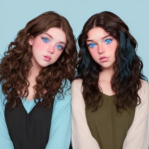  two girls. one with straight brown hair and green eyes. the second with curly black hair and blue eyes