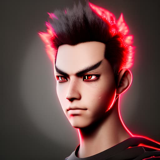 redshift style dark anime boy with glowing red eyes, red flaming around him,