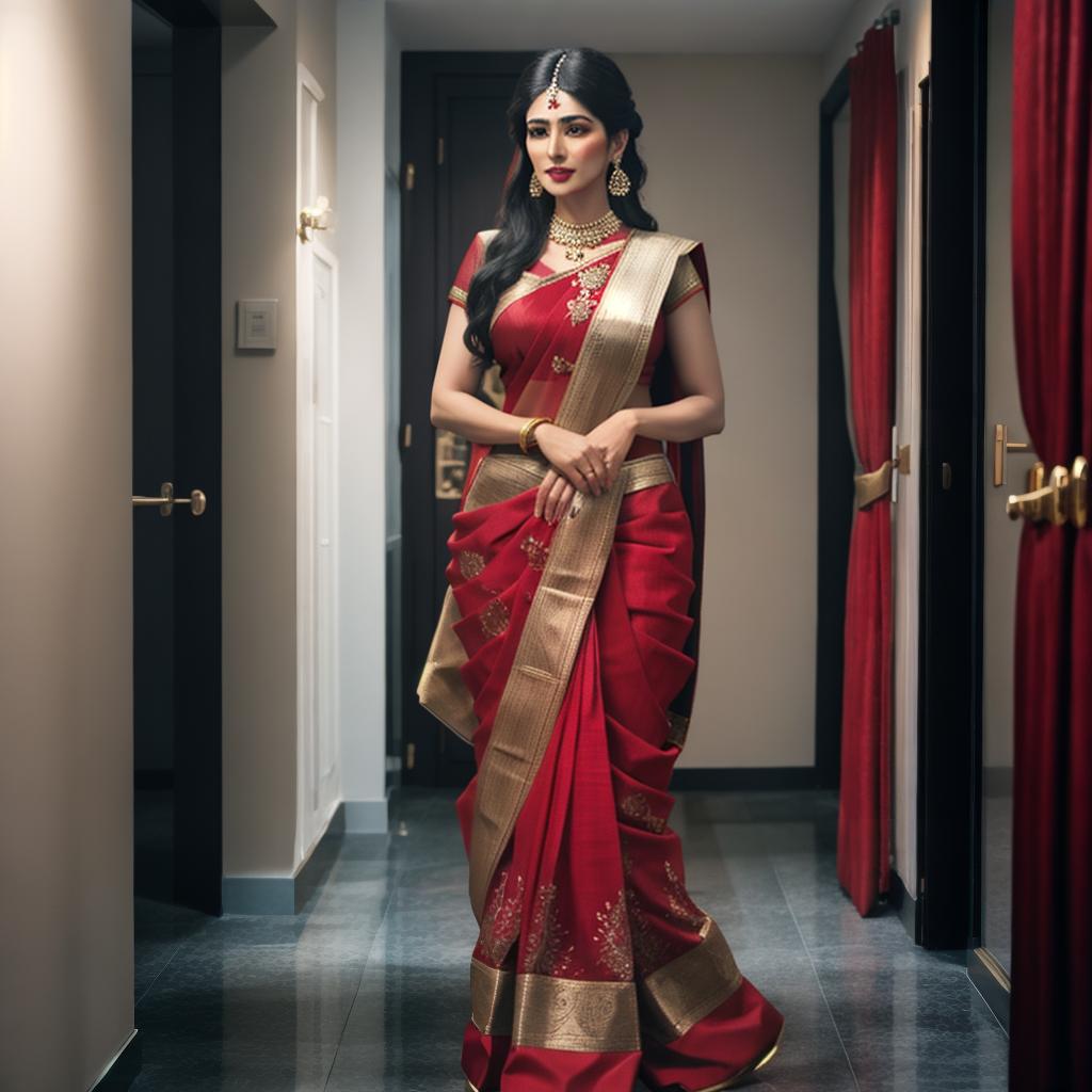  Red , black saree, 36-24-36 indian  hyperrealistic, full body, detailed clothing, highly detailed, cinematic lighting, stunningly beautiful, intricate, sharp focus, f/1. 8, 85mm, (centered image composition), (professionally color graded), ((bright soft diffused light)), volumetric fog, trending on instagram, trending on tumblr, HDR 4K, 8K