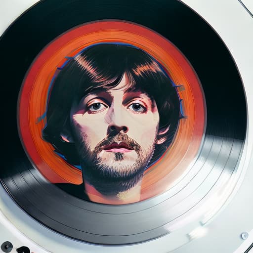 portrait+ style An artistic photograph of a vintage record player playing a Beatles album