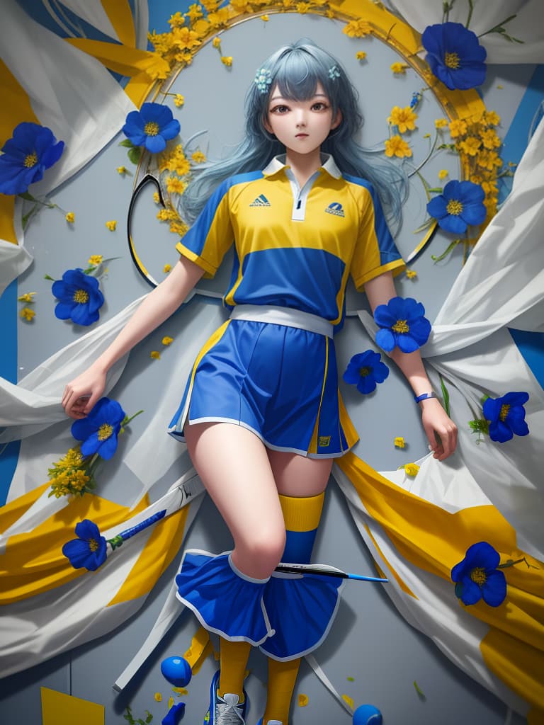  Table tennis uniform, blue and yellow, flowers, masterpiece, best quality,8k,ultra detailed,high resolution,an extremely delicate and beautiful,hyper detail