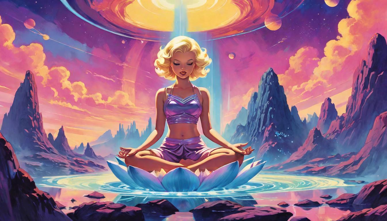  retro futuristic 1girl, large busted attractive blonde arian female humanoid, meditating in a lotus position atop a floating rock, aura radiating increasing light frequencies, layers of spiritual energy waves in the background, transition from dim to radiant, expression serene and uplifting, avatar of spiritual ascension, colors shifting subtly from earth tones to vibrant blues and purples lvintage sci fi, 50s and 60s style, atomic age, vibrant, highly detailed