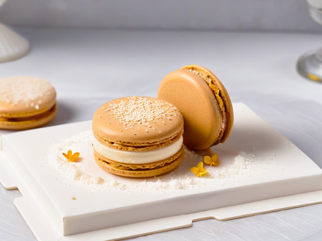  An elegant, minimalistic image of a beautifully crafted salted caramel macaron with a sprinkling of fleur de sel on top, placed on a marble countertop next to a small dish of sea salt crystals. The macaron is delicately textured, with goldenbrown edges and a smooth, shiny surface, showcasing the perfect balance of sweet and salty flavors. The background is softly blurred, emphasizing the exquisite details of the dessert, making it a visually stunning and enticing image for the article. hyperrealistic, full body, detailed clothing, highly detailed, cinematic lighting, stunningly beautiful, intricate, sharp focus, f/1. 8, 85mm, (centered image composition), (professionally color graded), ((bright soft diffused light)), volumetric fog, trending on instagram, trending on tumblr, HDR 4K, 8K