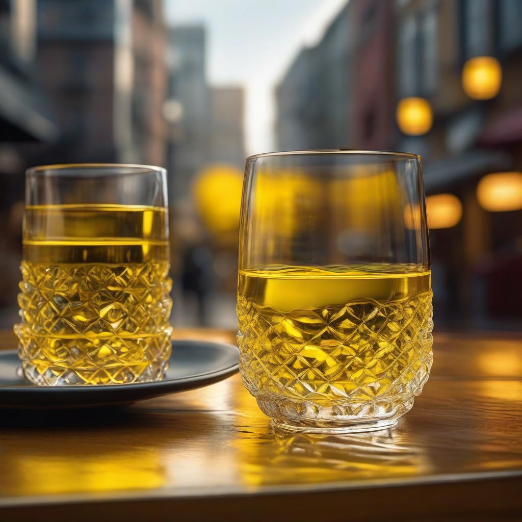  Transparent yellow liquid on glasses. hyperrealistic, full body, detailed clothing, highly detailed, cinematic lighting, stunningly beautiful, intricate, sharp focus, f/1. 8, 85mm, (centered image composition), (professionally color graded), ((bright soft diffused light)), volumetric fog, trending on instagram, trending on tumblr, HDR 4K, 8K