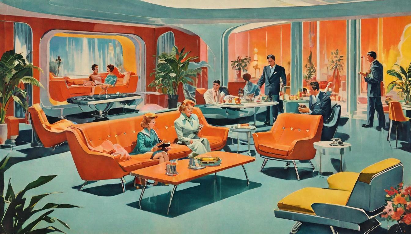  retro futuristic Living room gathering, comfortable setting, people sharing stories, supportive community, warm atmosphere lvintage sci fi, 50s and 60s style, atomic age, vibrant, highly detailed