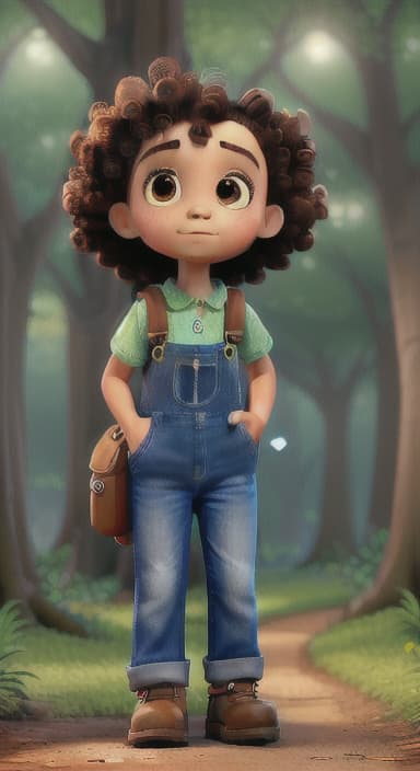  {The tree with a twinkling eye, while its leaves gently rustle., Riley, a curious with big brown eyes and curly hair, wearing overalls and carrying a small backpack. Their friend, Skye, a bluebird with shiny feathers.