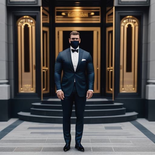  /send image Tall muscular bodyguard wearing a nice suit and with a face maskTo generate an image, I must envision a scene. So, imagine a tall, muscular bodyguard clad in an elegant dark blue suit. His polished shoes shine under soft ambient lighting. His face is covered by a sleek black mask that emphasizes his striking facial features. He's standing in front of an upscale venue or building with glass doors, guarding the entrance diligently while occasionally scanning his surroundings for any potential threats. The background showcases chic interior décor and people dressed sharply as they interact inside the location – adding to its exclusivity and sophistication. Overall, it gives off a feeling of safety amidst high-class luxury and st hyperrealistic, full body, detailed clothing, highly detailed, cinematic lighting, stunningly beautiful, intricate, sharp focus, f/1. 8, 85mm, (centered image composition), (professionally color graded), ((bright soft diffused light)), volumetric fog, trending on instagram, trending on tumblr, HDR 4K, 8K