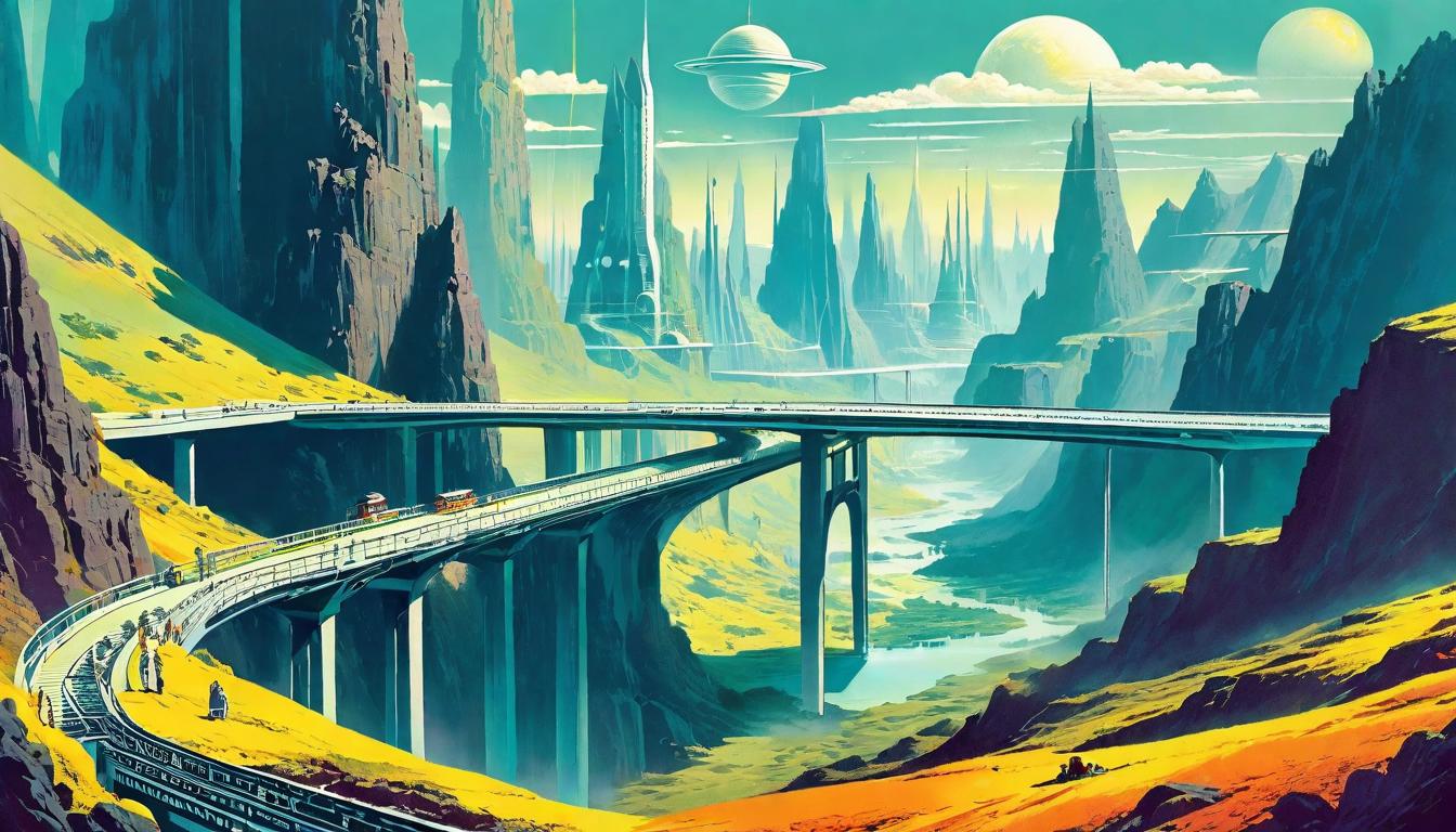  retro futuristic A bridge spanning a vast chasm, from a grey, barren landscape to a vibrant, verdant one, Shift from materialism to spirituality, crossing over, new horizons. lvintage sci fi, 50s and 60s style, atomic age, vibrant, highly detailed