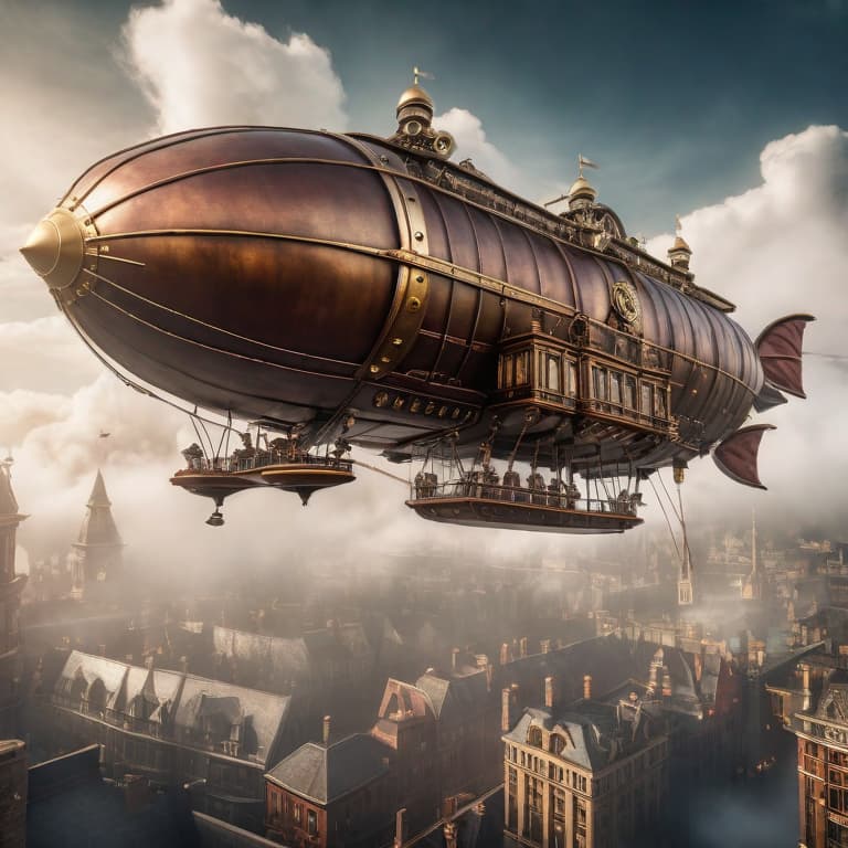  Steampunk airship soaring above a steampunk metropolis hyperrealistic, full body, detailed clothing, highly detailed, cinematic lighting, stunningly beautiful, intricate, sharp focus, f/1. 8, 85mm, (centered image composition), (professionally color graded), ((bright soft diffused light)), volumetric fog, trending on instagram, trending on tumblr, HDR 4K, 8K