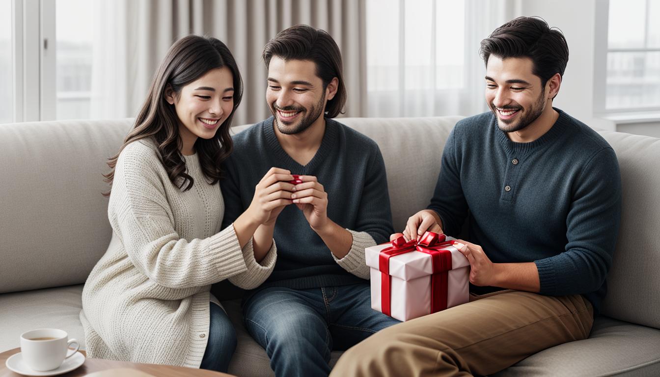  digital illustration, A man presenting a small gift to a woman, gift wrapped with delicate ribbon, woman's appreciative smile, setting in a cozy living room, expression of respect and care, looking at viewer, dynamic pose, (intricate details, masterpiece, best quality)