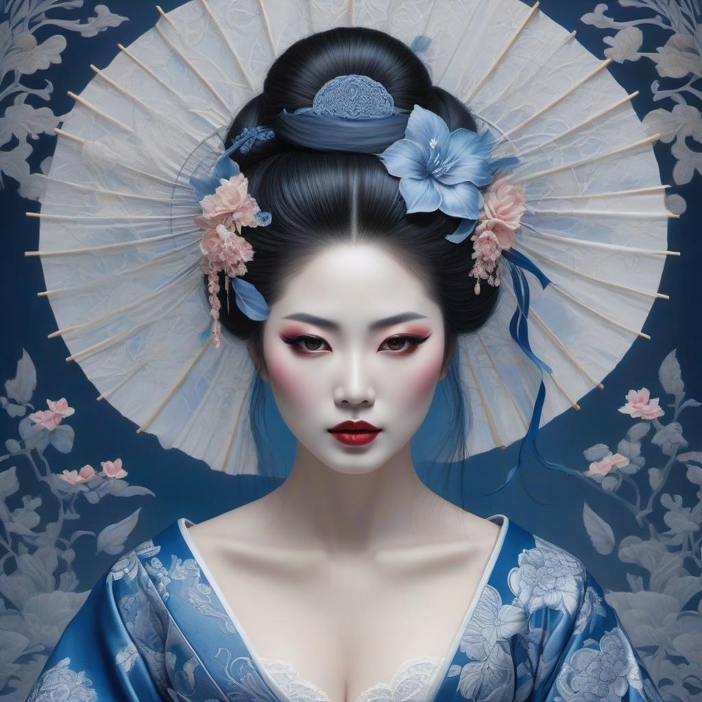  macabre style Envision a portrait of a Japanese geisha, her countenance tinged with sorrow as a single tear trails from her eye. Her abundant hair frames a face with lips painted a soft blue, while her attire is a complex array of traditional garments. The portrait, reminiscent of Anne Stokes' work, is rendered in a whimsical Zentangle style, boasting an intricate cyanotype design that seems to lift from the canvas in a 3D embossed effect. The color palette is a harmonious blend of delft blue and white, enriched with subtle touches of ginger brown and light pink. This piece is a fantasy encapsulated in an 8k resolution masterpiece, a high definition pencil sketch that transitions into line art with pen and ink filigree. The backdrop is a ni hyperrealistic, full body, detailed clothing, highly detailed, cinematic lighting, stunningly beautiful, intricate, sharp focus, f/1. 8, 85mm, (centered image composition), (professionally color graded), ((bright soft diffused light)), volumetric fog, trending on instagram, trending on tumblr, HDR 4K, 8K