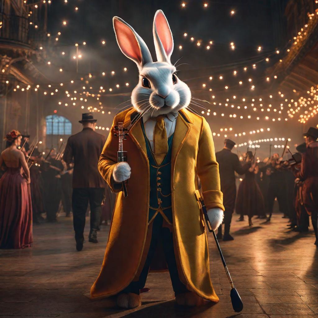  Bad Bunny is a famous classical opera singer and violinist hyperrealistic, full body, detailed clothing, highly detailed, cinematic lighting, stunningly beautiful, intricate, sharp focus, f/1. 8, 85mm, (centered image composition), (professionally color graded), ((bright soft diffused light)), volumetric fog, trending on instagram, trending on tumblr, HDR 4K, 8K