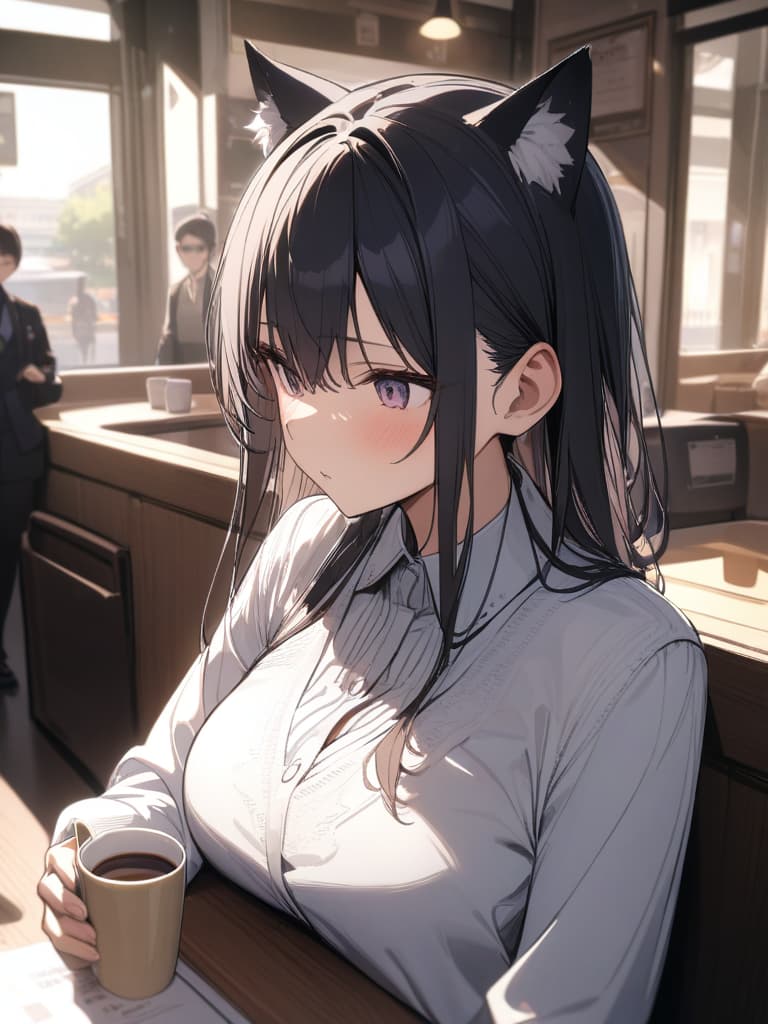  Cat ears, rooms, black hair, shortcuts, cafe clerks, masterpiece, best quality,8k,ultra detailed,high resolution,an extremely delicate and beautiful,hyper detail