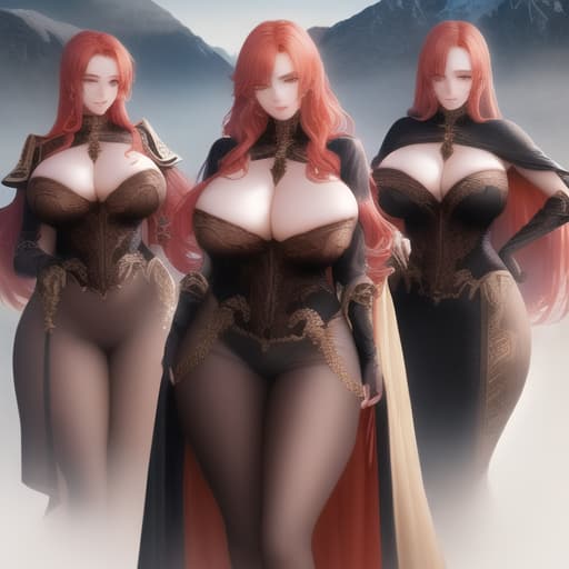  Three redhead women aged 30+, taller as usual, with big ass and large breasts posing near high mountains hyperrealistic, full body, detailed clothing, highly detailed, cinematic lighting, stunningly beautiful, intricate, sharp focus, f/1. 8, 85mm, (centered image composition), (professionally color graded), ((bright soft diffused light)), volumetric fog, trending on instagram, trending on tumblr, HDR 4K, 8K